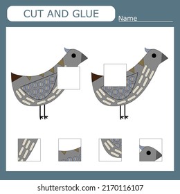 worksheet vector design, the task is to cut and glue a piece on bird.  Logic game for children.
