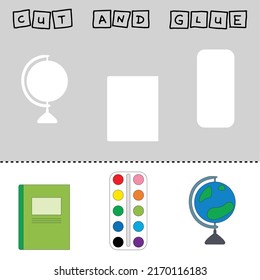 worksheet vector design, the task is to cut and glue a piece on  school stationery.  Logic game for children.