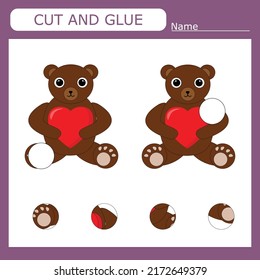 worksheet vector design, the task is to cut and glue a piece on bear.  Logic game for children.
