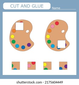 worksheet vector design, the task is to cut and glue a piece on  watercolor.  Logic game for children.