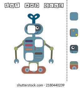 worksheet vector design, the task is to cut and glue a piece on robot.  Logic game for children.