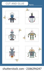 worksheet vector design, the task is to cut and glue a piece on colorful  robots .  Logic game for children.