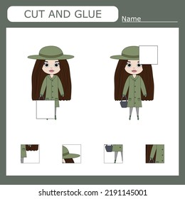 Worksheet vector design, the task is to cut and glue a piece on girls.  Logic game for children.
