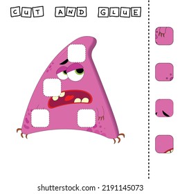 worksheet vector design, the task is to cut and glue a piece on bright monster.  Logic game for children.
