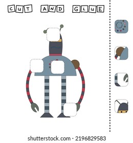 worksheet vector design, the task is to cut and glue a piece on robot.  Logic game for children.