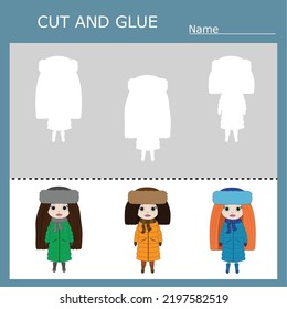 worksheet vector design, the task is to cut and glue a piece on  cute girls, dolls.  Logic game for children.
