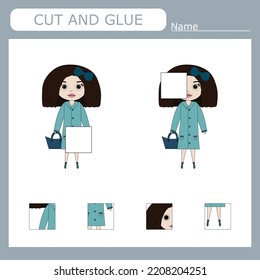 Worksheet vector design, the task is to cut and glue a piece on girls.  Logic game for children.
