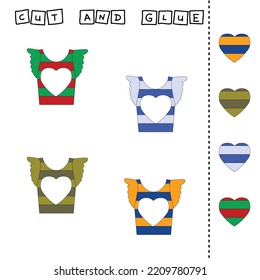 worksheet vector design, the task is to cut and glue a piece on   colorful  t-shirts.  Logic game for children.
