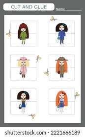 worksheet vector design, the task is to cut and glue a piece on colorful  dolls.  Logic game for children.
