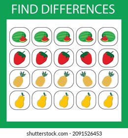 worksheet vector design, the task is to find among the same fruites and berries  in a row. Logic game for children.