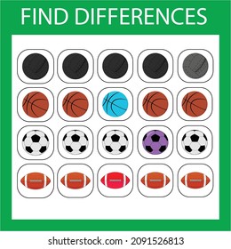 worksheet vector design, the task is to find among the same sport balls in a row. Logic game for children.