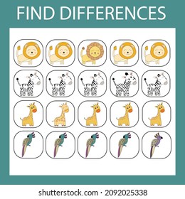 worksheet vector design, the task is to find among the same animals in a row. Logic game for children.