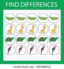 worksheet vector design, the task is to find among the same animals in a row. Logic game for children.