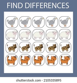 worksheet vector design, the task is to find among the same animals in a row. Logic game for children.