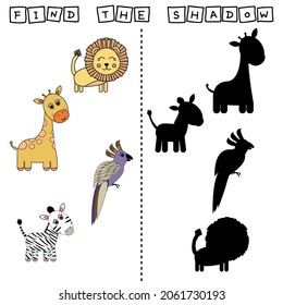 worksheet vector design, the task is to finf a shadow parrot, lion, zebra, giraffe.  Logic game for children.