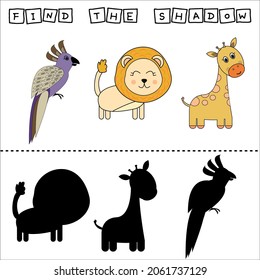 worksheet vector design, the task is to finf a shadow parrot, lion, giraffe.  Logic game for children.