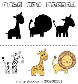 worksheet vector design, the task is to finf a shadow lion, zebra, giraffe.  Logic game for children.