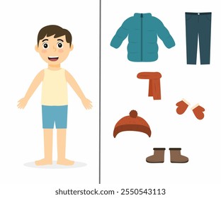 A worksheet where children cut out pictures of winter clothes and paste them onto a drawing of a person, dress for winter activity, cut and glue winter clothes 