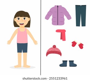 A worksheet where children cut out pictures of winter clothes and paste them onto a drawing of a person, dress for winter activity, cut and glue winter clothes