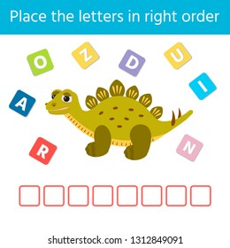 Worksheet with words puzzle game for children. Dinosaur. Place the letters in right order. Game tasks for kids for attention. Vector illustration