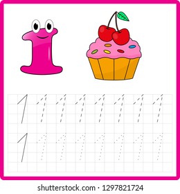 Worksheet. Writing practice number 1 - game for kids. Mathematics task