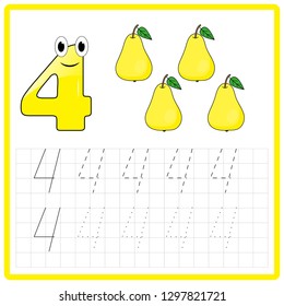 Worksheet. Writing practice number 4 - game for kids. Mathematics task