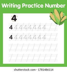 Worksheet Writing practice number 4. Four corn. Number four tracing practice worksheet