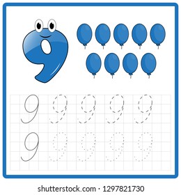 Worksheet. Writing practice number 9 - game for kids. Mathematics task