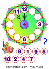 Worksheet for young children. Help to repair the clock. Find the missing numbers and write them on the correct places. Logic puzzle game. Vector cartoon image.