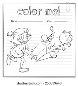 A worksheet with a young girl and a cat on a white background