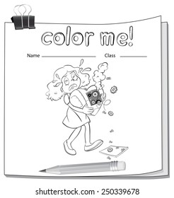 A worksheet with a young girl holding a heart on a white background