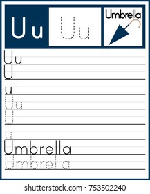 Worksheet.Alphabet activity for pre schoolers and kindergarten.Alphabet tracing letter U activity. Printable page.Vector Illustration.