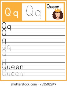 Worksheet.Alphabet activity for pre schoolers and kindergarten.Alphabet tracing letter Q activity. Printable page.Vector Illustration.
