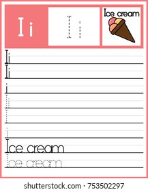Worksheet.Alphabet activity for pre schoolers and kindergarten.Alphabet tracing letter I activity. Printable page.Vector Illustration.