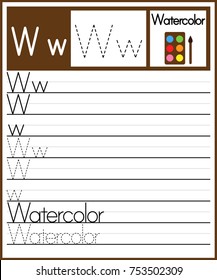 Worksheet.Alphabet activity for pre schoolers and kindergarten.Alphabet tracing letter W activity. Printable page.Vector Illustration.
