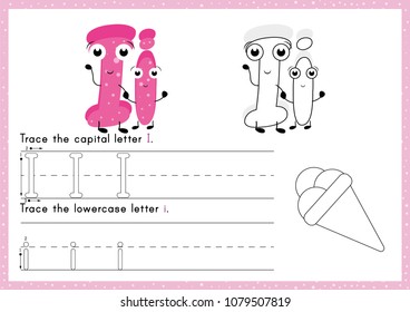 Worksheet.Alphabet activity for pupil.Tracing letter A-Z. Colouring page. Vector illustration. Printable page.