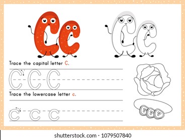 Worksheet.Alphabet activity for pupil.Tracing letter A-Z. Colouring page. Vector illustration. Printable page.