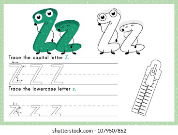 Worksheet.Alphabet activity for pupil.Tracing letter A-Z. Colouring page. Vector illustration. Printable page.