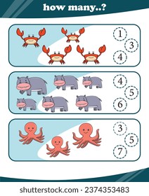 Hojas de trabajo para niños contando animales vectores