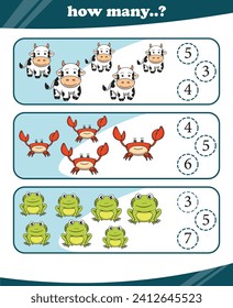 Worksheets for children counting animals vector