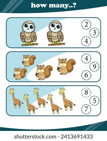 Worksheets for children counting animals vector