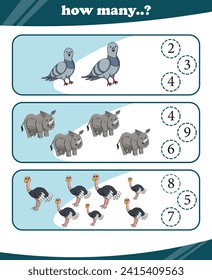 Worksheets for children counting animals vector