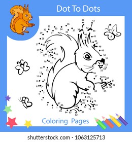 Worksheets dot to dots with drawn the squirrel. Children funny drawn riddle. Coloring page for kids. Activity art game with cute cartoon rodent. Vector illustration.