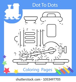 Worksheets dot to dots with drawn the train. Children funny drawn riddle. Coloring page for kids. Activity art game with cartoon train. Vector illustration.