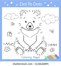 Worksheets dot to dot with drawn the funny bear. Children funny art riddle. Drawing lesson and coloring page for kids. Activity art game with cute a animal. Vector illustration.