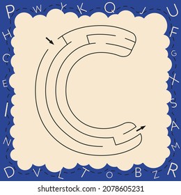 Worksheets for learning the alphabet. Activity book for kids. Maze game with the Letter C