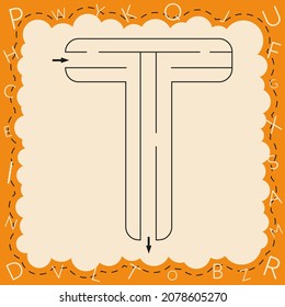 Worksheets for learning the alphabet. Activity book for kids. Maze game with the Letter T