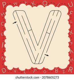 Worksheets for learning the alphabet. Activity book for kids. Maze game with the Letter V