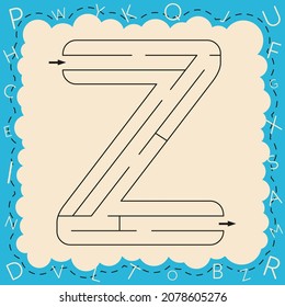 Hojas de cálculo para aprender el alfabeto. Libro de actividades para niños. Juego de Maze con la letra Z