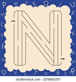 Arbeitsblätter zum Erlernen des Alphabets. Aktivitätsbuch für Kinder. Maze-Spiel mit Letter N